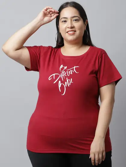 Women Typography Round Neck Pure Cotton T-Shirt (Maroon, S)